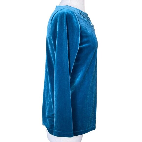 Bob Mackie Wearable Art Teal Velvet LS Vintage Top Beaded Cutwork Neckline XS - Picture 3 of 7
